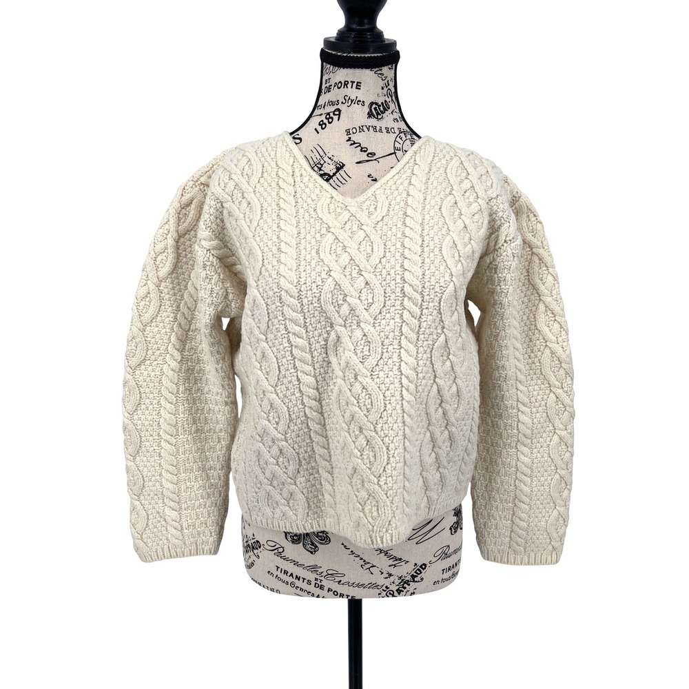 JJ Paul James 100% Wool Cable Knit Sweater Medium Cream Made in England EUC